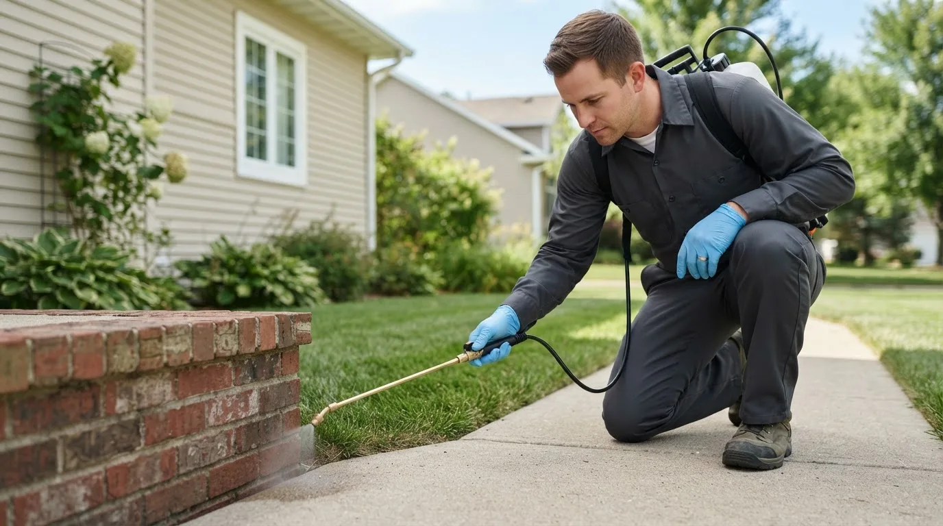 Pest control technician treating a home near Freeport, KS