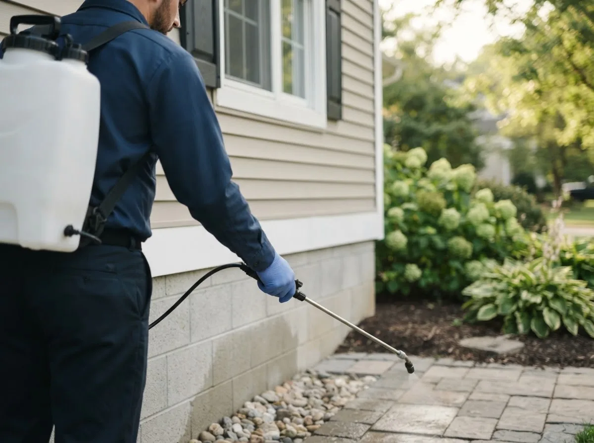 Pest control technician inspecting a home in Freeport, KS